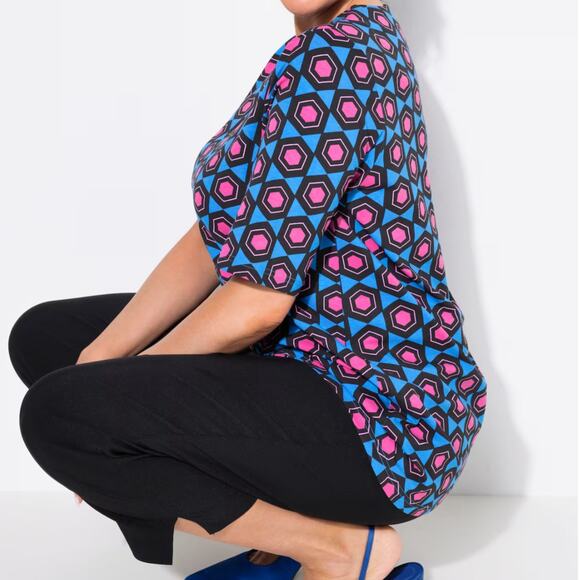 Ulla Popken Top 24/26 Womens Geometric Split Neck Cotton Blend Short Sleeve New - Picture 7 of 10